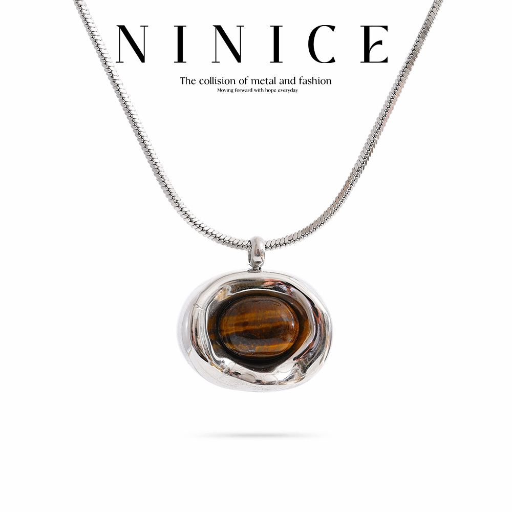 Birth Flower Necklace - สร้อยคอสแตนเลส NiNice พร้อมจี้หินตาเสือธรรมชาติ ดีไซน์แฟชั่น ของขวัญเครื่องประดับใหม่