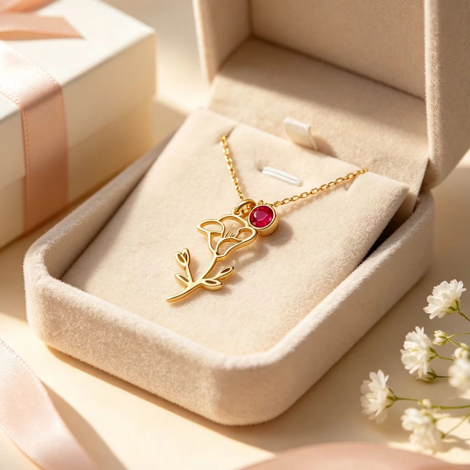 Birth Flower Necklace - สร้อยคอจี้สแตนเลสลายดอกไม้ตามเดือนเกิดแบบปรับแต่งได้ พร้อมหินประจำเดือนเกิดเฉพาะตัว สำหรับเป็นของขวัญวันเกิดผู้หญิง